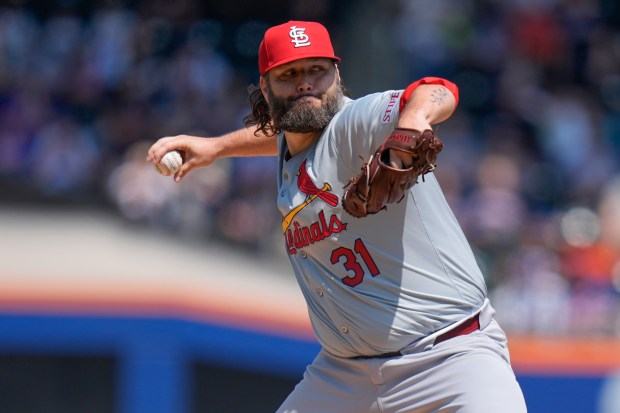Cardinals pitcher Lance Lynn delivers against the Mets on Sunday, April 28, 2024, in New York. (AP Photo/Seth Wenig)