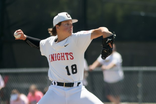 Lincoln-Way Central's Luke Mensik (18) throws a pitch during the Class 4A Lincoln-Way Central Regional final against Lincoln-Way East in New Lenox on Saturday, May 25, 2024. (Troy Stolt/for the Daily Southtown)