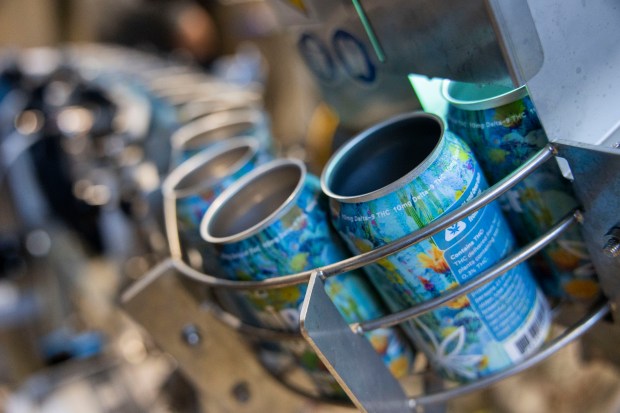 Juniper Terps seltzer, a THC-infused beverage, is canned on May 22, 2024, at Marz Community Brewing Co. in Chicago. (Vincent Alban/Chicago Tribune)