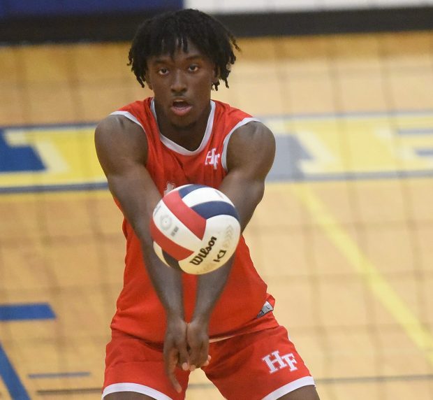 Homewood-Flossmoor's Ahmad Powell (14) returns the serve against Sandburg during a Southwest Suburban Conference game Tuesday, May 7, 2024 in Orland Park, IL. (Steve Johnston/Daily Southtown)