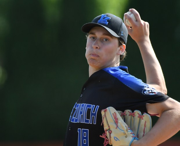 Lake Zurich's starting pitcher Josh Marzec (18) throws in the bottom of the first inning. Lake Zurich defeated Highland Park 13-0 in the Class 4A Libertyville Regional semifinal baseball game at Libertyville, Thursday May 23, 2024. (Rob Dicker/for the Lake New-Sun)