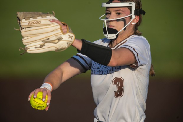 Shepard's Kailey Selvage (3) winds up on pitch to Homewood-Flossmoor during the Class 4A Homewood-Flossmoor Regional semifinals in Flossmoor on Tuesday, May 21, 2024. (Vincent D. Johnson/for the Daily Southtown)