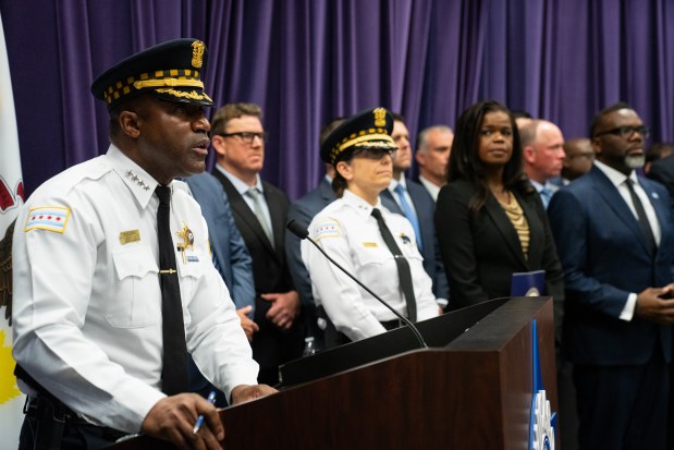 Superintendent Larry Snelling speaks at a press conference to discuss the apprehension and charging of Xavier L. Tate for the murder of CPD Officer Luis M. Huesca, at City of Chicago Public Safety Headquarters on May 3, 2024. (E. Jason Wambsgans/Chicago Tribune)