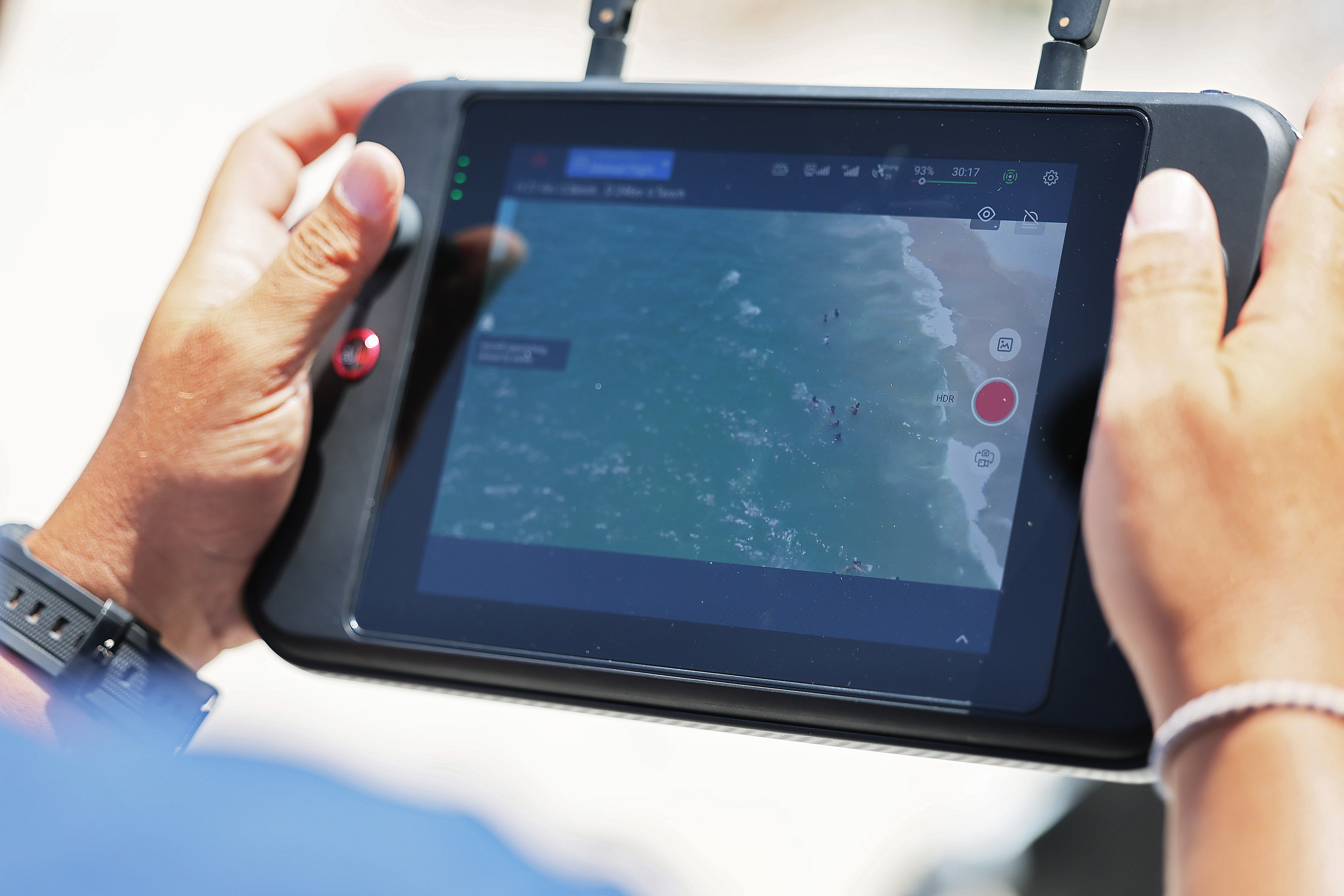 Lifeguarding supervisor Cary Epstein operates a new shark-monitoring drone as he monitors the waters for sharks at Jones Beach State Park on July 7, 2023 in Wantagh, N.Y.