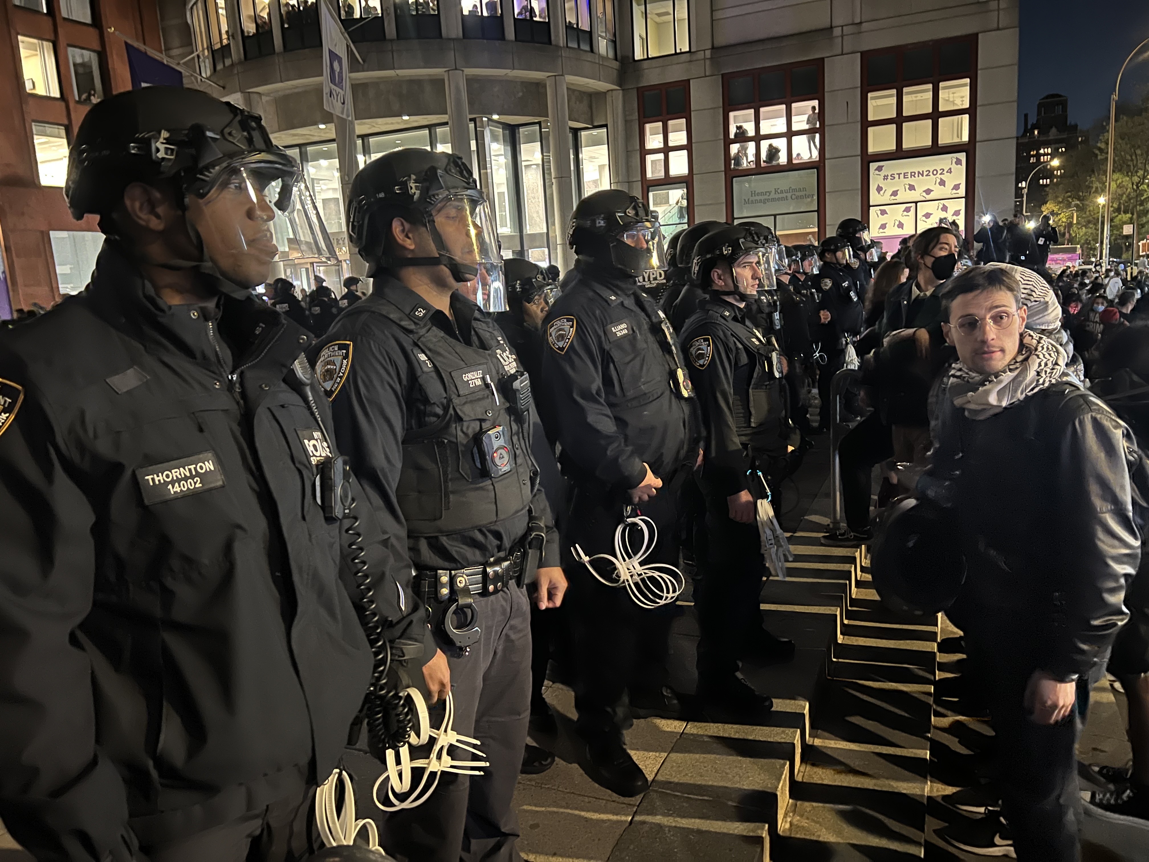 Police move in to clear an encampment at NYU on Monday, April 22 2024.