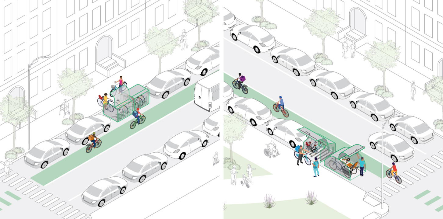 A rendering of small capacity bike parking facilities.