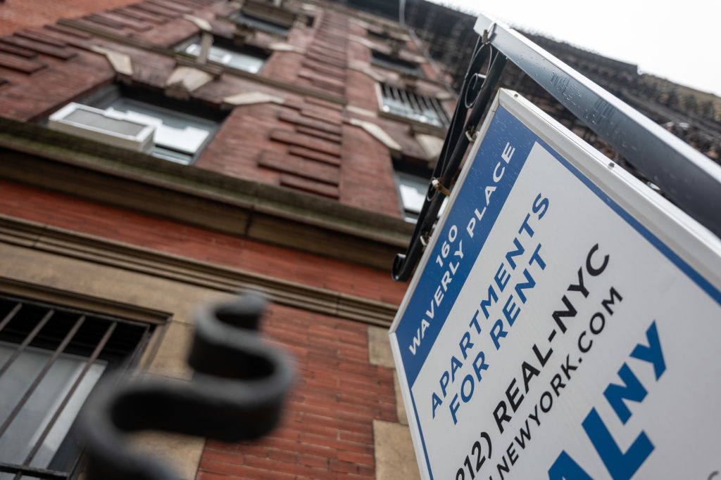 A sign advertising apartments for rent in Manhattan on April 11, 2024.