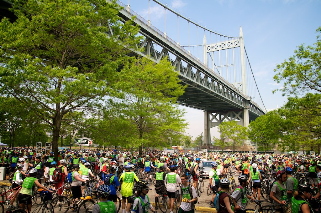 Cyclists participate in the Five Boro Bike Tour in Queens in May 2010.