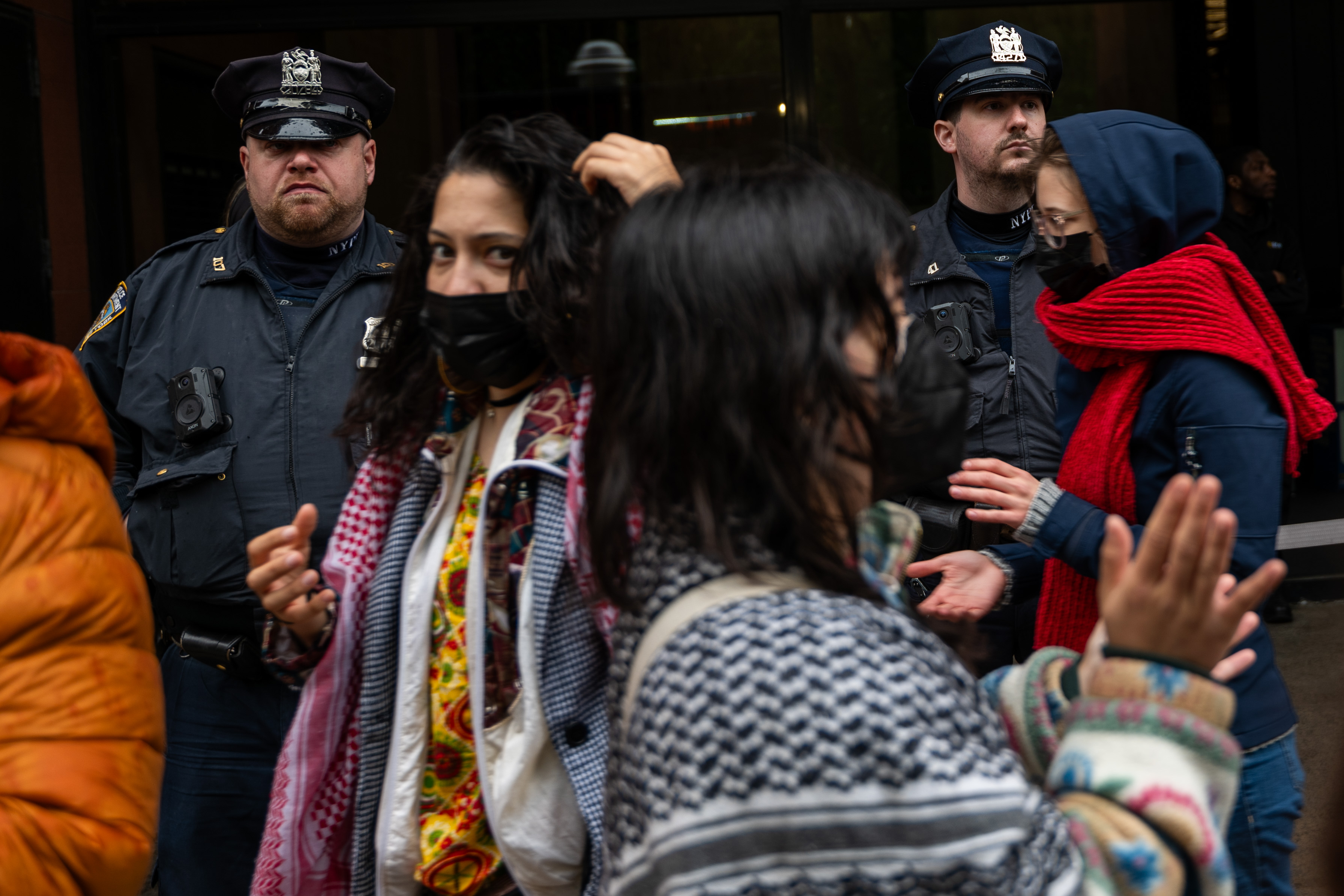 Pro-Palestinian students and other supporters gather outside of the Bobst Library at New York University (NYU) in Manhattan to protest the schools stance on Israel on May 10, 2024 in New York City.