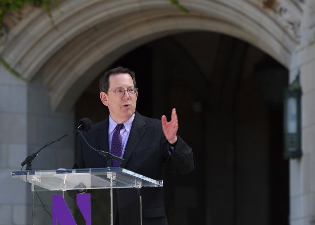 President Michael Schill speaks to Northwestern University freshman, transfer students, and families on March Through the Arch day on Sept. 12, 2023, in Evanston. (Stacey Wescott/Chicago Tribune)