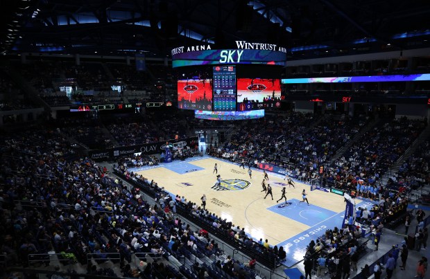 The Chicago Sky take on the Connecticut Sun in the first quarter of the Sky's home opener at Wintrust Arena in Chicago on May 25, 2024. (Chris Sweda/Chicago Tribune)