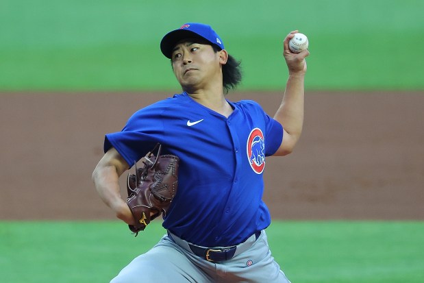 Cubs starter Shota Imanaga pitches in the first inning against the Braves on May 13, 2024, at Truist Park in Atlanta. (Kevin C. Cox/Getty Images)