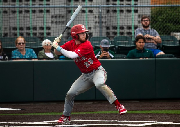 Thornton Fractional South's Jack Starcevich (23) eyes the ball while at bat during a game in Evergreen Park on Thursday, May 16, 2024. (Nate Swanson/for the Daily Southtown)