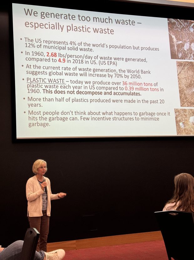 Valparaiso University chemistry professor Julie Peller speaks to environmentalists about pollution from plastics on Wednesday, May 8, 2024. (Doug Ross/for Post-Tribune)