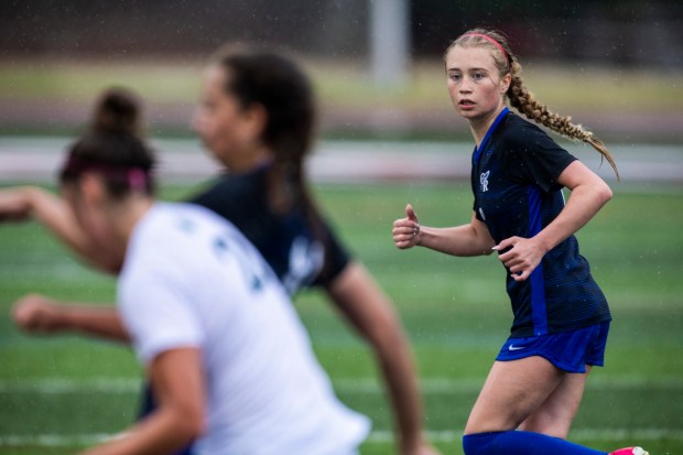 Burlington Central's Ellie Elders, follows a Rockets' attack against Peoria Notre Dame in the Class 2A third-place game in Naperville on Saturday, June 1, 2024. (Vincent D. Johnson/for the Beacon-News)