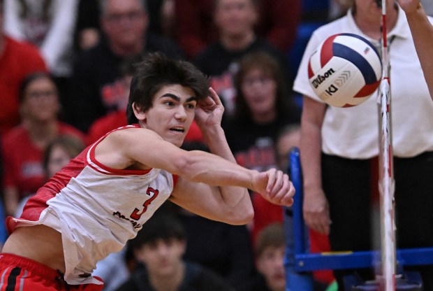 Marist's Nathen Toth (3) during the 1st game of Saturday's state championship match against York, June 1, 2024. Marist won the match, 25-21, 28-26. (Brian O'Mahoney for the Daily Southtown)