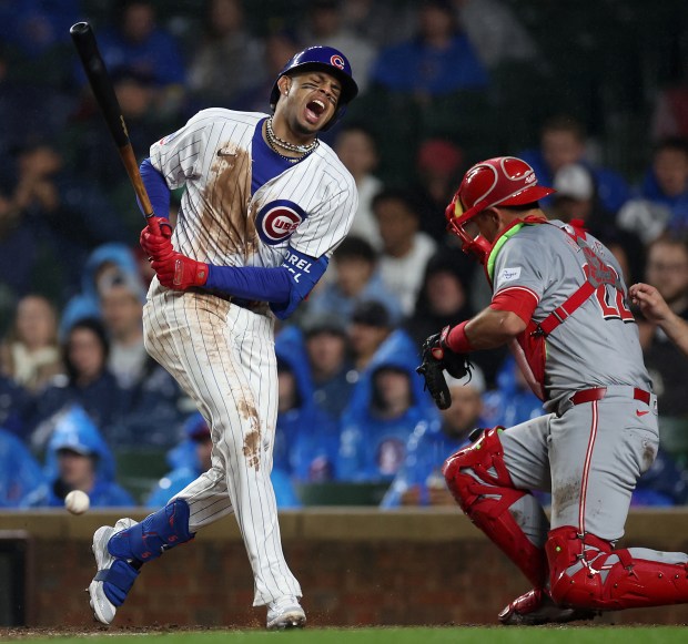 Chicago Cubs third baseman Christopher Morel (5) reacts after being hit by a pitch in the third inning of a game against the Cincinnati Reds at Wrigley Field in Chicago on June 1, 2024. (Chris Sweda/Chicago Tribune)