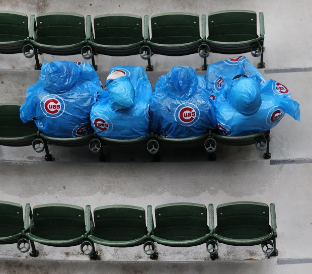 Chicago Cubs fans wait out a rain delay before a scheduled game between the Cubs and the Cincinnati Reds at Wrigley Field in Chicago on June 1, 2024. (Chris Sweda/Chicago Tribune)