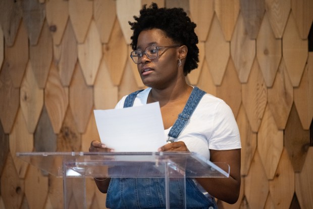 Next Urban Ag Generation graduate Allison Botts speaks during a graduation ceremony for the program in Gary on Saturday, June 1, 2024. (Kyle Telechan/for the Post-Tribune)