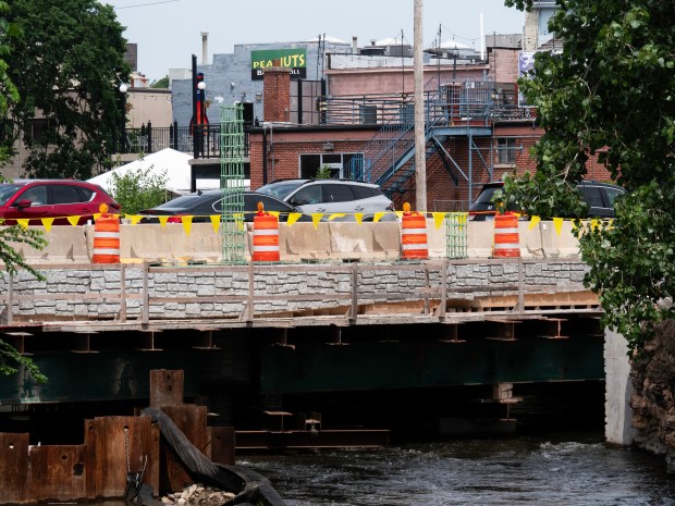 Construction to replace Washington Street Bridge in downtown Naperville continues on Tuesday, June, 2024. (Tess Kenny/Naperville Sun)