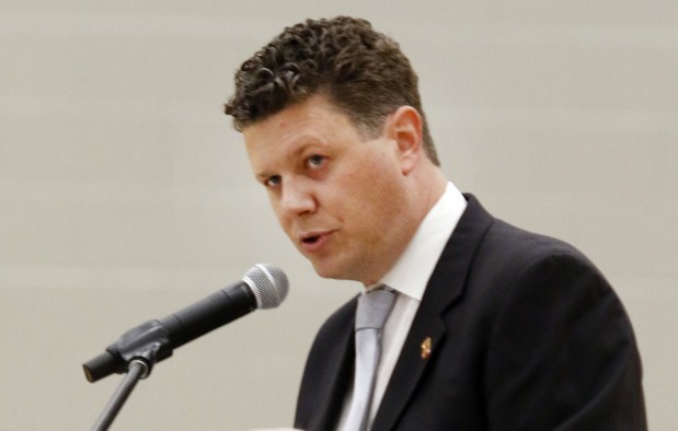 School Superintendent Scott Miller addresses the parents, students, and teachers during the ribbon cutting of the new Hammond Central High School in Hammond, In., on Thursday, July 22, 2021. (John Smierciak/for Post-Tribune)