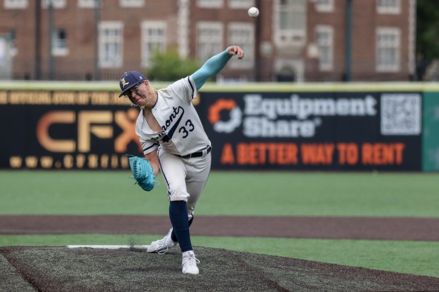 Lemont's Cannon Madej (33) throws a pitch during the Class 3A State Championship game against Crystal Lake in Joliet on Saturday, June 8, 2024. (Troy Stolt/for the Daily Southtown)