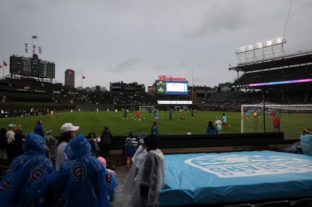 The Chicago Red Stars warm up before their game against Bay FC at Wrigley Field on June 8, 2024. (Eileen T. Meslar/Chicago Tribune)