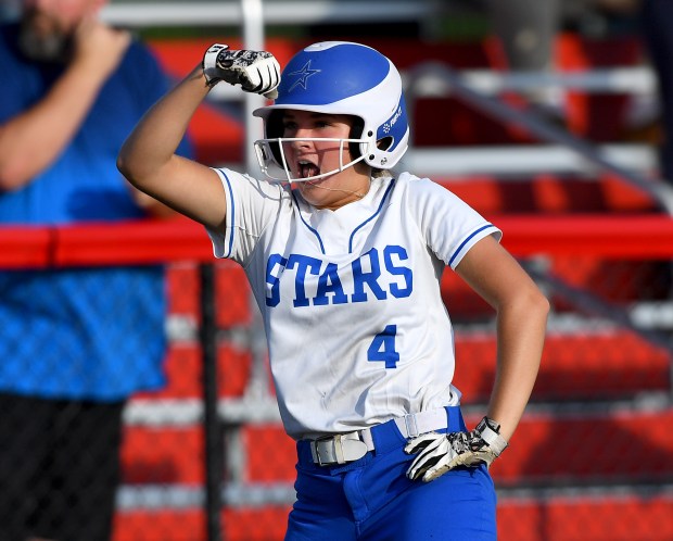 St. Charles North's Addy Umlauf (4) dances after hitting a triple. St. Charles North defeated Marist 7-2 in the Class 4A state championship at Louisville Slugger Sports Complex, Saturday, June 8, 2024(Rob Dicker / Daily Southtown)