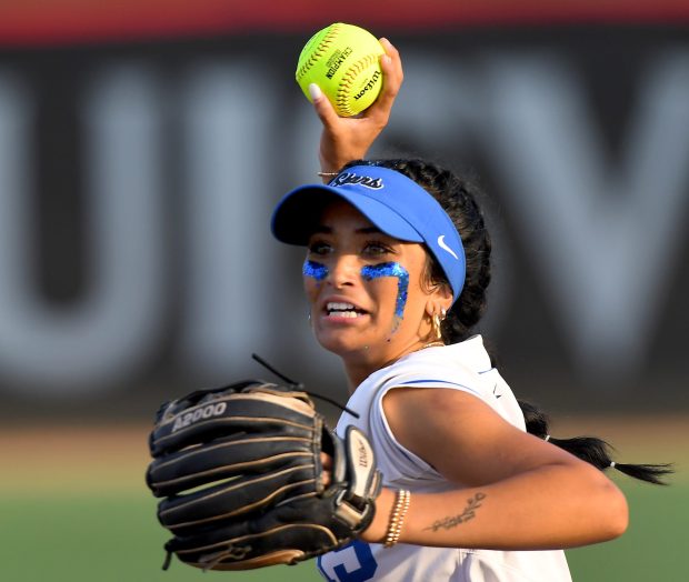 St. Charles North's Maddie Hernandez (2) picks up a grounder and prepares to throw it to first for the final out of the game. St. Charles North defeated Marist 7-2 in the Class 4A state championship at Louisville Slugger Sports Complex, Saturday, June 8, 2024(Rob Dicker / Daily Southtown)