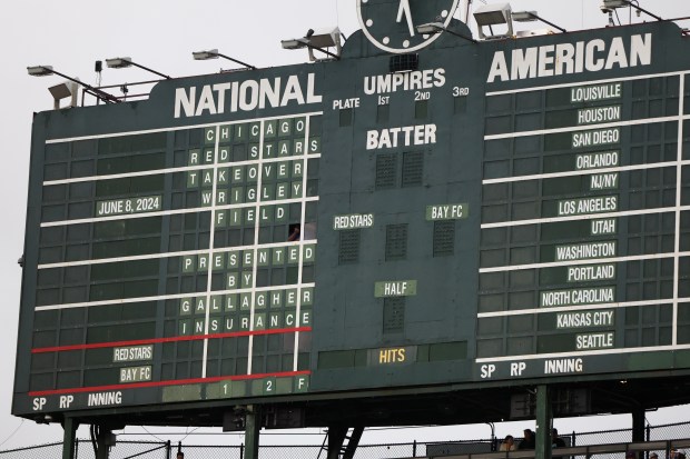 The scoreboard is set for the Red Stars-Bay FC game at Wrigley Field on June 8, 2024. (Eileen T. Meslar/Chicago Tribune)
