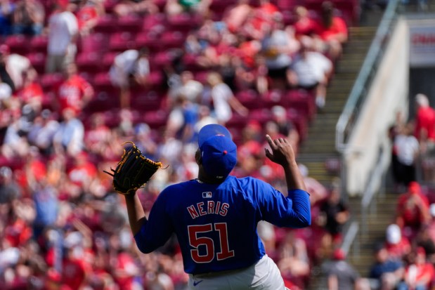 Cubs reliever Héctor Neris celebrates after the final out against the Reds on Sunday, June 9, 2024, in Cincinnati. (AP Photo/Joshua A. Bickel)