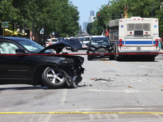 Destruction can be seen for two blocks following a multi-vehicle crash involving a north bound CTA bus and several vehicles along south Halsted Street between 3400 south to 3500 south, in Chicago, on June 10, 2024. (Antonio Perez/Chicago Tribune)