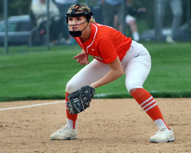 Lincoln-Way West's Molly Finn covers third base during the softball game against Lemont in New Lenox Wednesday, May 8, 2024. (James C. Svehla/for the Daily Southtown)