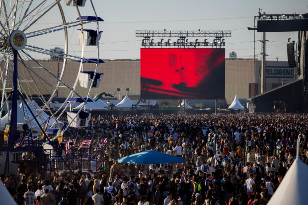 Festival goers near the Lyrical Lemonade stage on June 14, 2024, at the Summer Smash Music Festival at SeatGeek Stadium in Bridgeview. (Vincent Alban/Chicago Tribune)