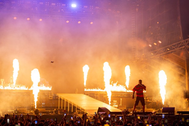 Travis Scott, of the record label Cactus Jack, performs on June 14, 2024, at the Summer Smash Music Festival at SeatGeek Stadium in Bridgeview. (Vincent Alban/Chicago Tribune)