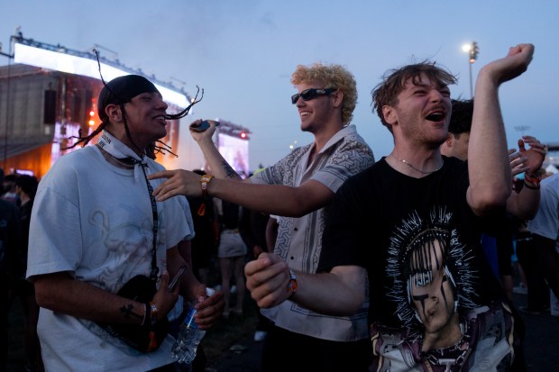 From left, Quentin Fullbright, Jack Seaboy, and Zach Valento, right, dance during a performance by Destroy Lonely on June 14, 2024, at the Summer Smash Music Festival at SeatGeek Stadium in Bridgeview. (Vincent Alban/Chicago Tribune)