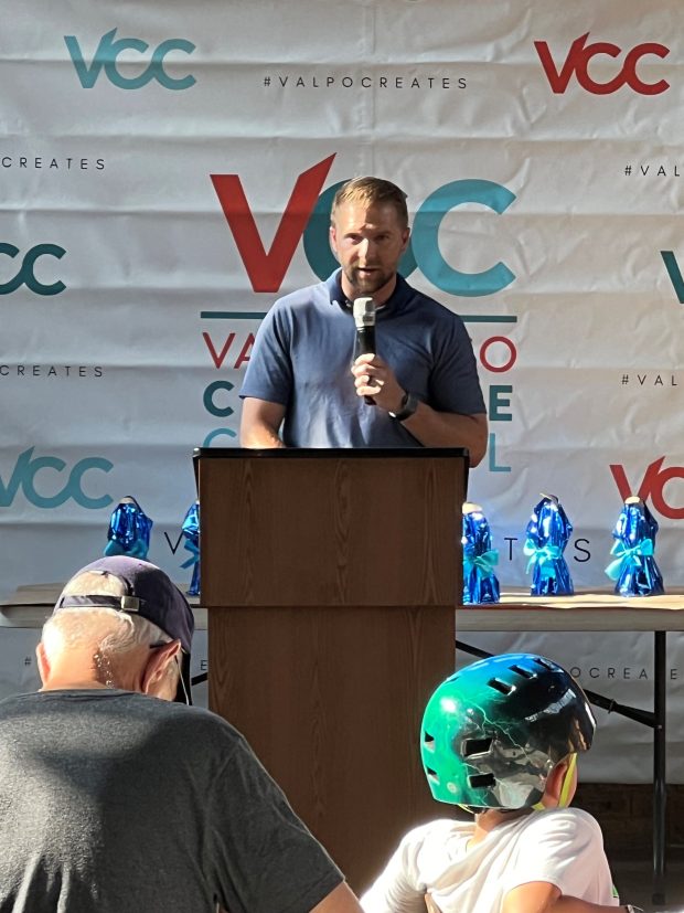 Valparaiso Parks Director Kevin Nuppnau commends community fundraising for art at the unveiling of an art installation at the Flounder and Friends Skate Park on Thursday, June 13, 2024. (Philip Potempa/for Post-Tribune)