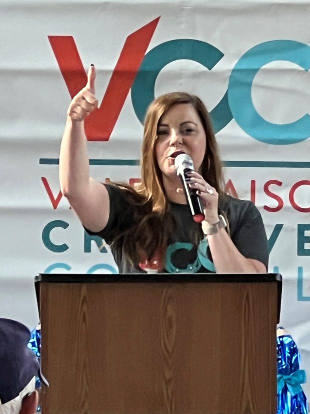 Valparaiso Creative Council Executive Director Jessica Corral thanks matching grant donors at the unveiling of an art installation at the Flounder and Friends Skate Park on Thursday, June 13, 2024. (Philip Potempa/for Post-Tribune)