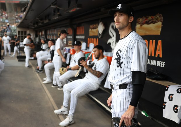 Chicago White Sox center fielder Duke Ellis stands in the dugout before the start of a game against the Boston Red Sox at Guaranteed Rate Field n Chicago on June 6, 2024. (Chris Sweda/Chicago Tribune)