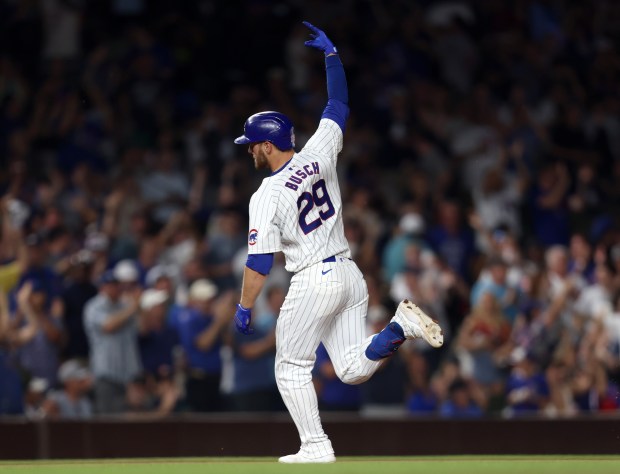 Chicago Cubs first baseman Michael Busch reacts after hitting a two-run homer in the bottom of the sixth inning against the San Francisco Giants at Wrigley Field on June 17, 2024, in Chicago. (Stacey Wescott/Chicago Tribune)