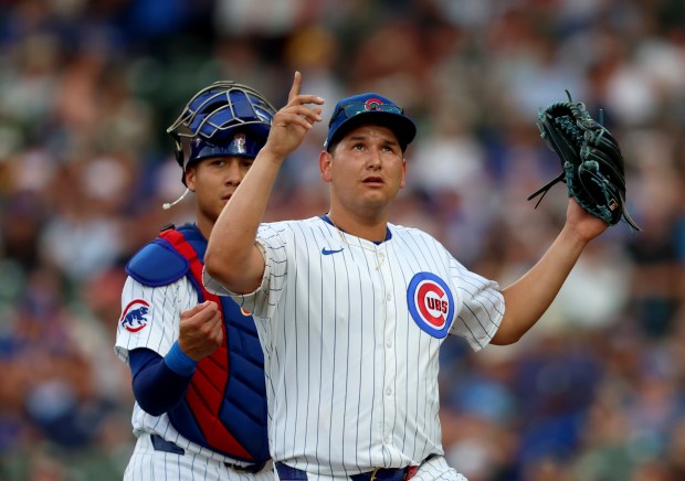 Chicago Cubs starting pitcher Javier Assad (72) reacts after getting out of a tough inning against the San Francisco Giants at Wrigley Field on June 17, 2024, in Chicago. (Stacey Wescott/Chicago Tribune)