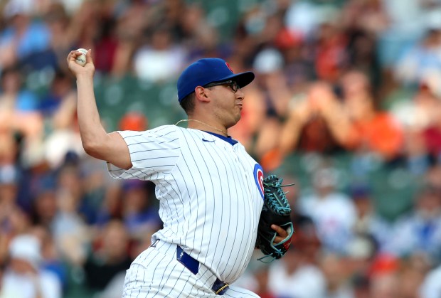 Chicago Cubs starting pitcher Javier Assad (72) throws in the first inning against the San Francisco Giants at Wrigley Field on June 17, 2024, in Chicago. (Stacey Wescott/Chicago Tribune)