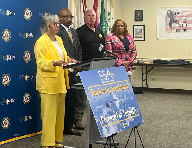U.S. Rep. Robin Kelly, who represents Illinois' Second Congressional District, expresses her excitement June 17, 2024, for the South Suburban Airport at a news conference with state Rep. Will Davis, Patrick Young of the International Union of Operating Engineers Local 150, and Irma Holloway, executive director of the Black Contractors, Owners and Executives. (Olivia Stevens/Daily Southtown)