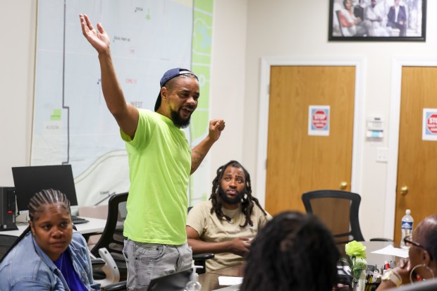 Workforce specialist supervisor Marcus Floyd leads a workforce development group at the Institute for Nonviolence Chicago in West Garfield Park on June 17, 2024. (Eileen T. Meslar/Chicago Tribune)