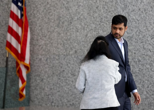 Former Outcome Health CEO Rishi Shah arrives for the verdict in his criminal fraud trial at the Dirksen Courthouse on April 11, 2023. (Antonio Perez/Chicago Tribune)
