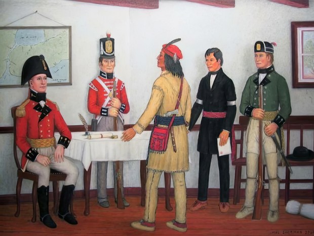 From left: Major General Isaac Brock, a British soldier, Tecumseh, Captain Billy Caldwell and Commander of the Caldwell Rangers, William Caldwell. Image courtesy of the Hal Sherman family. (2014)