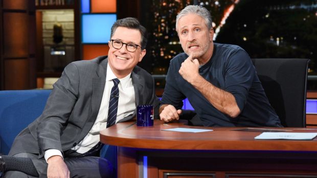 Stephen Colbert and Jon Stewart on "The Late Show." MUST CREDIT: Scott Kowalchyk, CBS