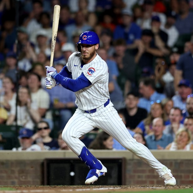 Chicago Cubs right fielder Cody Bellinger drives in a run on a single in the 8th inning of a game against the San Francisco Giants at Wrigley Field in Chicago on June 18, 2024. (Chris Sweda/Chicago Tribune)