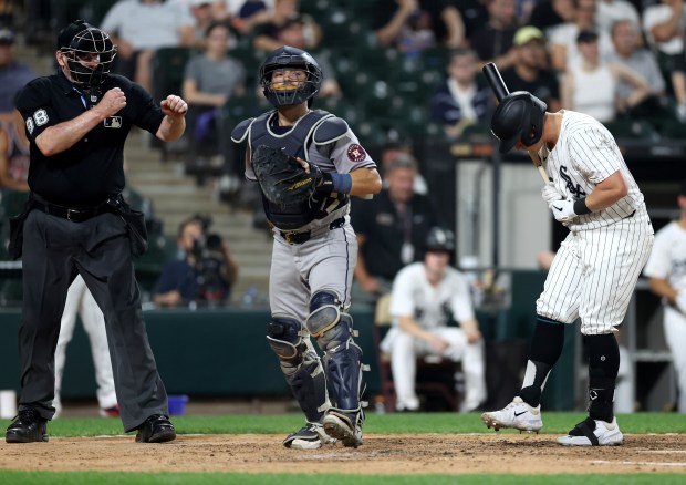 White Sox designated hitter Andrew Vaughn reacts after striking out to end the eighth inning against the Astros on June 19, 2024, at Guaranteed Rate Field. (Chris Sweda/Chicago Tribune)