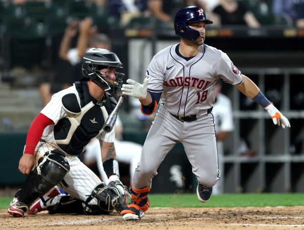 Houston Astros catcher César Salazar (18) sprints to first base as he drives in a run on a single in the sixth inning of a game against the Chicago White Sox at Guaranteed Rate Field in Chicago on June 19, 2024. (Chris Sweda/Chicago Tribune)